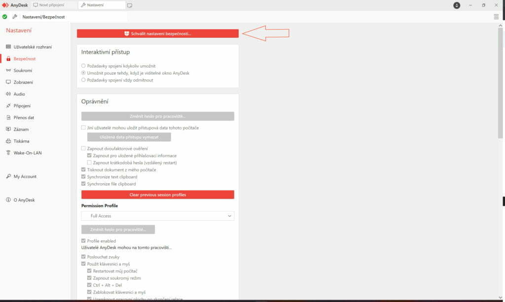 Schválit nastavení bezpečnosti pro zpřístupnění dalšího nastavení