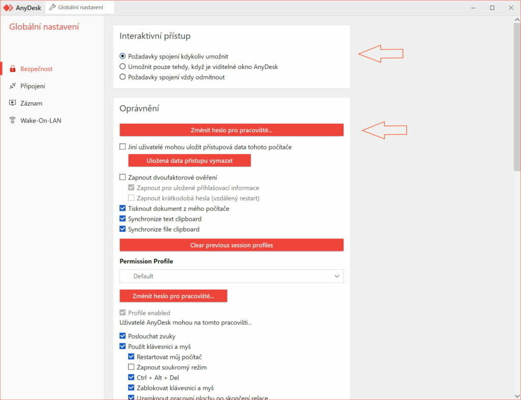 Zvolit "Požadavky spojení kdykoliv umožnit" a nastavit heslo pro pracoviště
