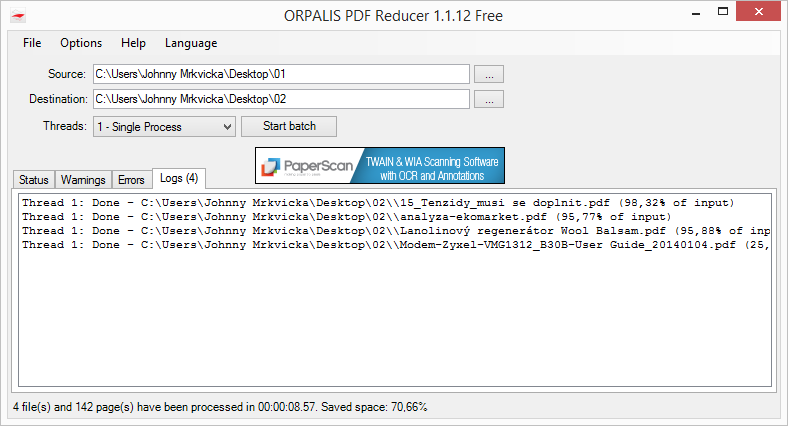 Výpis zpracovaných souborů na kartě Logs Výpis zpracovaných souborů na kartě Logs