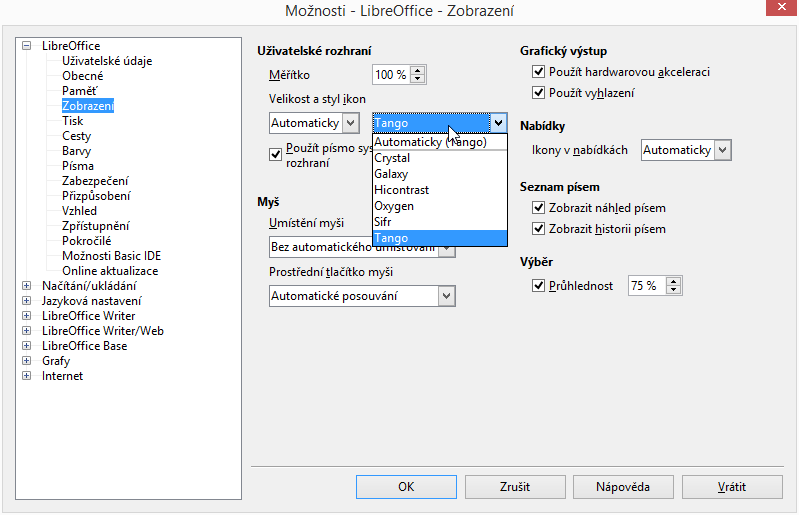 LibreOffice 4.3: výběr sady ikon LibreOffice 4.3: výběr sady ikon