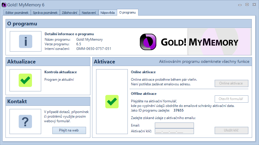Gold! MyMemory: všechny funkce získáme aktivací v sekci O programu Gold! MyMemory: všechny funkce získáme aktivací v sekci O programu