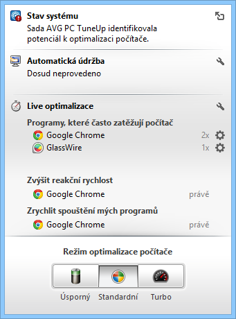 Okno AVG PC TuneUp vyskakující ze systémové lišty Okno AVG PC TuneUp vyskakující ze systémové lišty