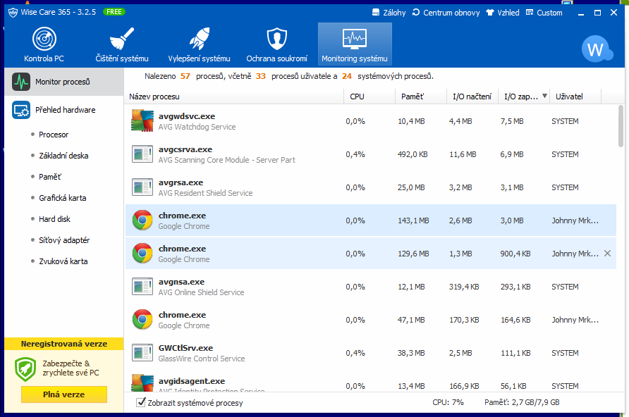 Wise Care 365: monitoring procesů a hardware Wise Care 365: monitoring procesů a hardware