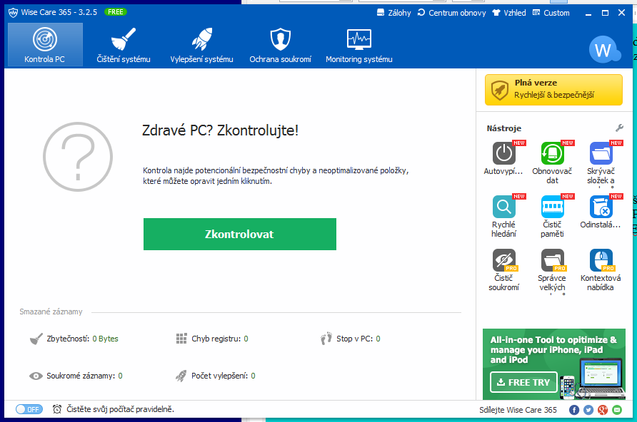 Wise Care 365: výchozí obrazovka a rozhraní komplet v češtině Wise Care 365: výchozí obrazovka a rozhraní komplet v češtině