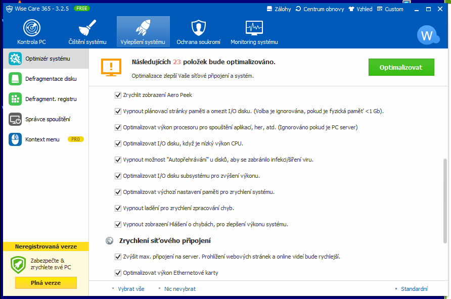 Wise Care 365: položky Vylepšení systému Wise Care 365: položky Vylepšení systému