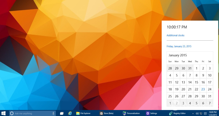 Podoba nového kalendáře a hodin ve Windows 10 TP build 9926
