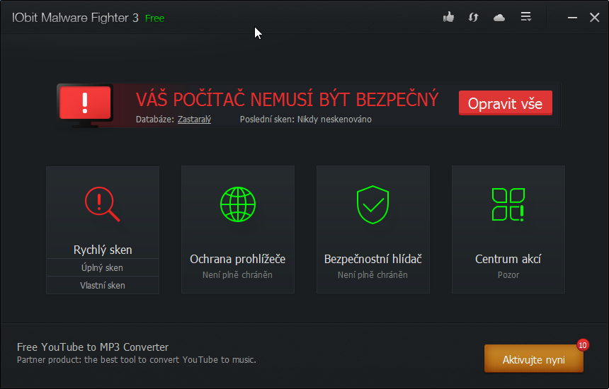 IObit Malware Fighter: přívítání výstrahou IObit Malware Fighter: přívítání výstrahou
