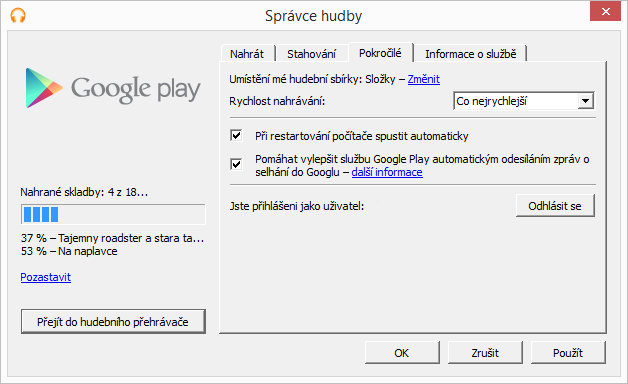 Okno aplikace Správce hudby Okno aplikace Správce hudby