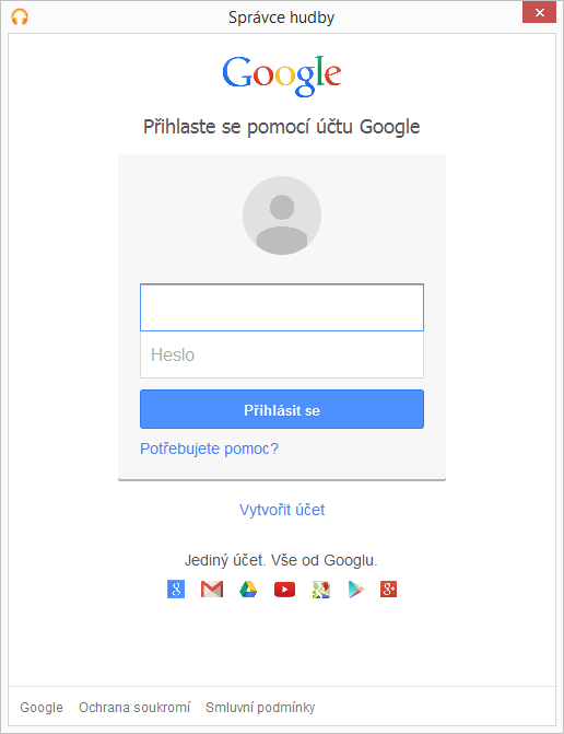 Přihlásíme Správce hudby do Google účtu Přihlásíme Správce hudby do Google účtu