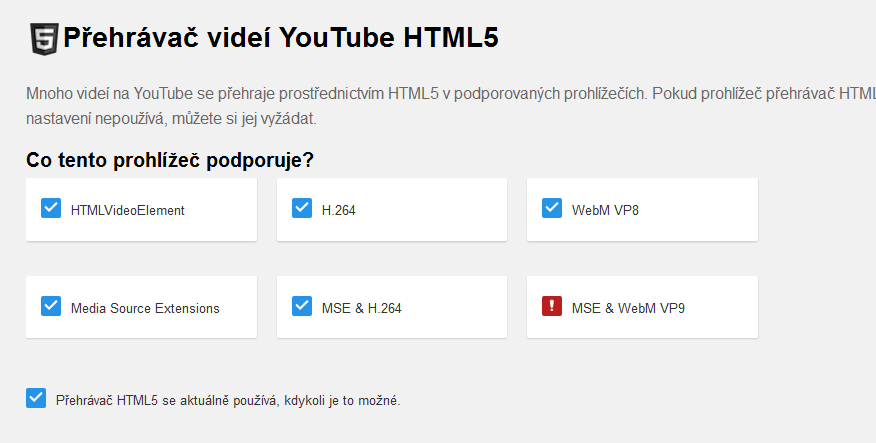 Firefox 37: spektrum podporovaných technologií dle portálu YouTube Firefox 37: spektrum podporovaných technologií dle portálu YouTube