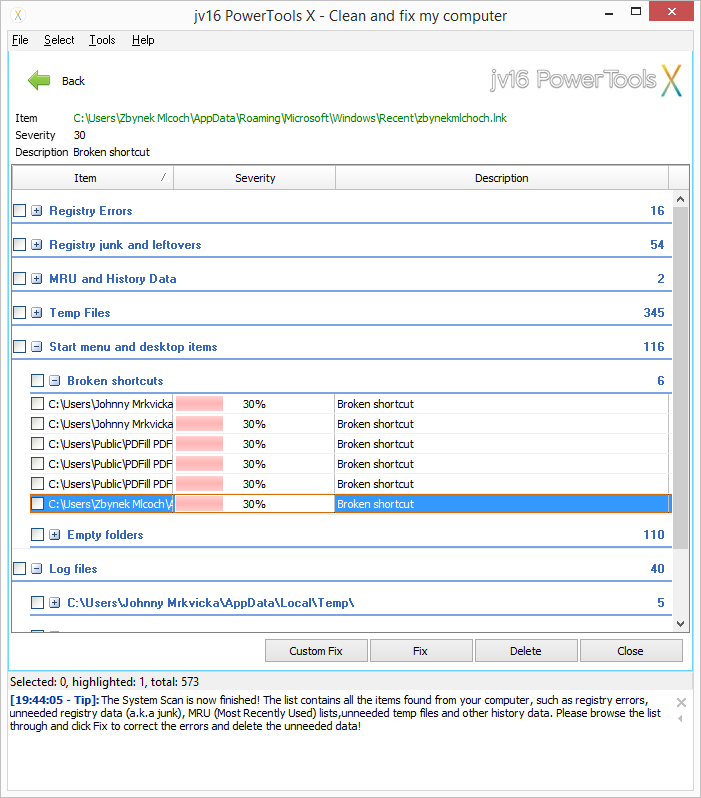 Výsledky Clean and fix roztříděné do kategorií Výsledky Clean and fix roztříděné do kategorií