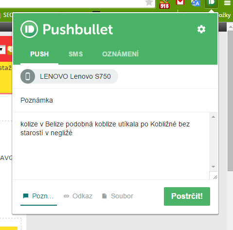 Pomocí Push přepošleme poznámku, odkaz, či soubor Pomocí Push přepošleme poznámku, odkaz, či soubor