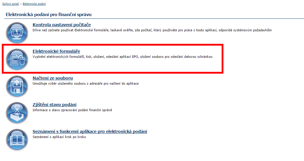 Dále odklikneme Elektronické formuláře Dále odklikneme Elektronické formuláře