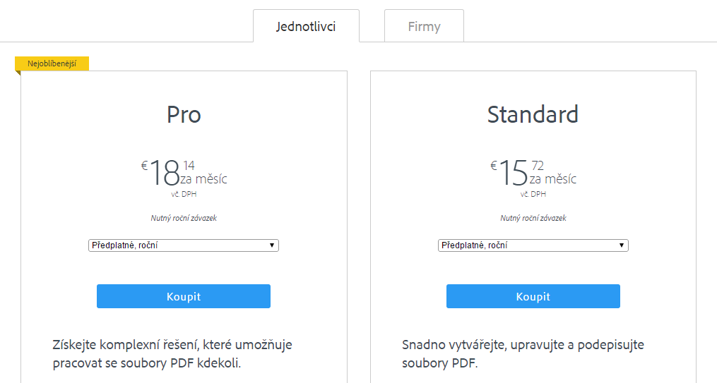 Adobe Acrobat Document Cloud: placené verze pro jednotlivce Adobe Acrobat Document Cloud: placené verze pro jednotlivce