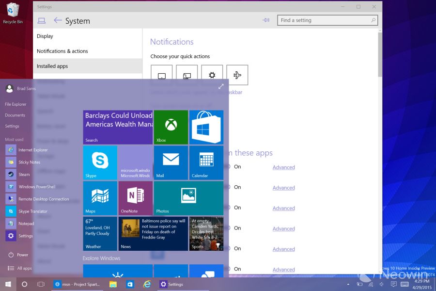 Nabídka Start s lehce rozmazaným pozadím nové průhlednosti Windows 10 (Zdroj: Neowin.net) Nabídka Start s lehce rozmazaným pozadím nové průhlednosti Windows 10 (Zdroj: Neowin.net)