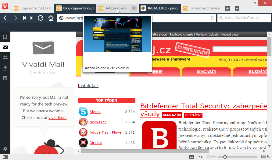 Vivaldi TP 3: Vivaldi mail, náhled neaktivního panelu, koš, zoomovací posuvník aj. Vivaldi TP 3: Vivaldi mail, náhled neaktivního panelu, koš, zoomovací posuvník aj.