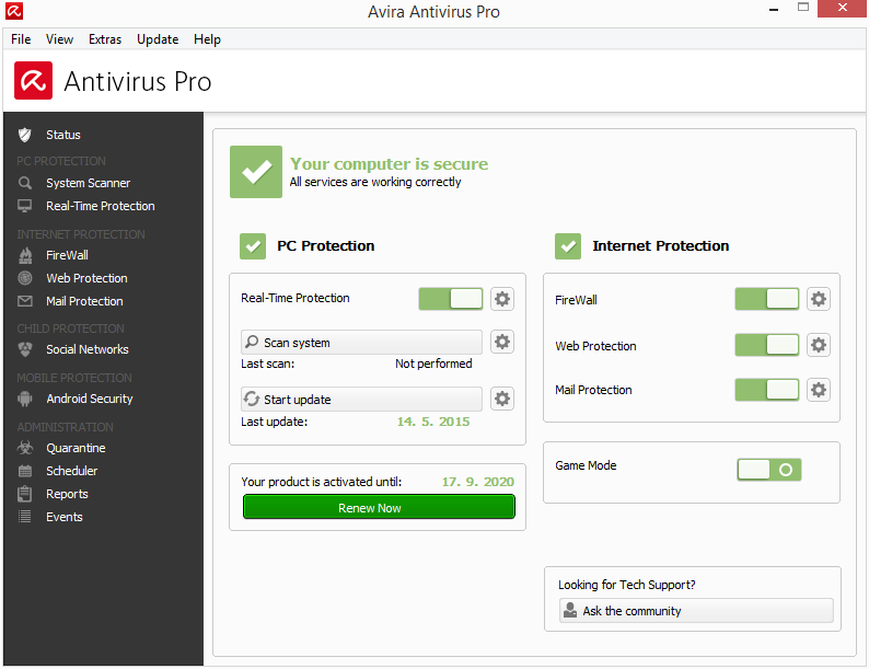 Avira Antivirus Pro: výchozí zobrazení stavu ochrany. Moduly ochrany jsou po pravé straně. Avira Antivirus Pro: výchozí zobrazení stavu ochrany. Moduly ochrany jsou po pravé straně.