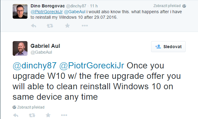 Pokud povýšíte systém na Windows 10 pomocí bezplatného upgradu, budete moci na tomtéž zařízení kdykoliv provést čistou reinstalaci Windows 10, říká Aul Pokud povýšíte systém na Windows 10 pomocí bezplatného upgradu, budete moci na tomtéž zařízení kdykoliv provést čistou reinstalaci Windows 10, říká Aul
