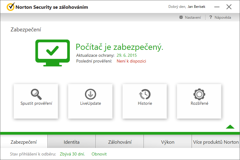 Norton Security - Zabezpečení: různé volby aktivního skenu Norton Security - Zabezpečení: různé volby aktivního skenu
