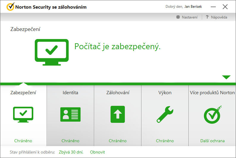 Výchozí obrazovka dává nahlédnout všechny moduly Norton Security Výchozí obrazovka dává nahlédnout všechny moduly Norton Security