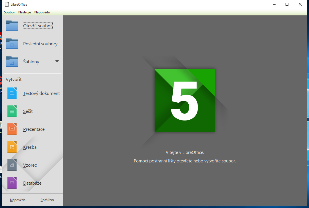 LibreOffice 5: výchozí obrazovka aplikace LibreOffice 5: výchozí obrazovka aplikace