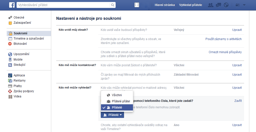 Změníme Nastavení - Soukromí - Kdo mě může vyhledat podle telefonního čísla Změníme Nastavení - Soukromí - Kdo mě může vyhledat podle telefonního čísla