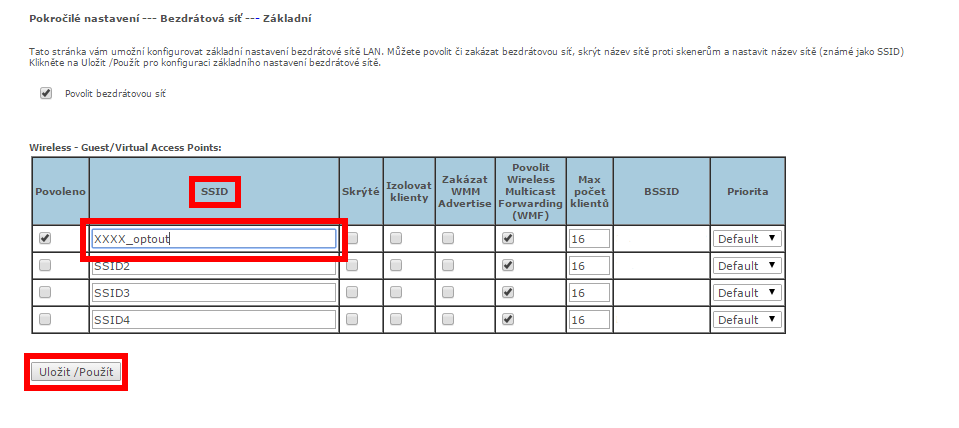 Změníme vysílaný název sítě - přídáme _optout - uložíme Změníme vysílaný název sítě - přidáme _optout - uložíme