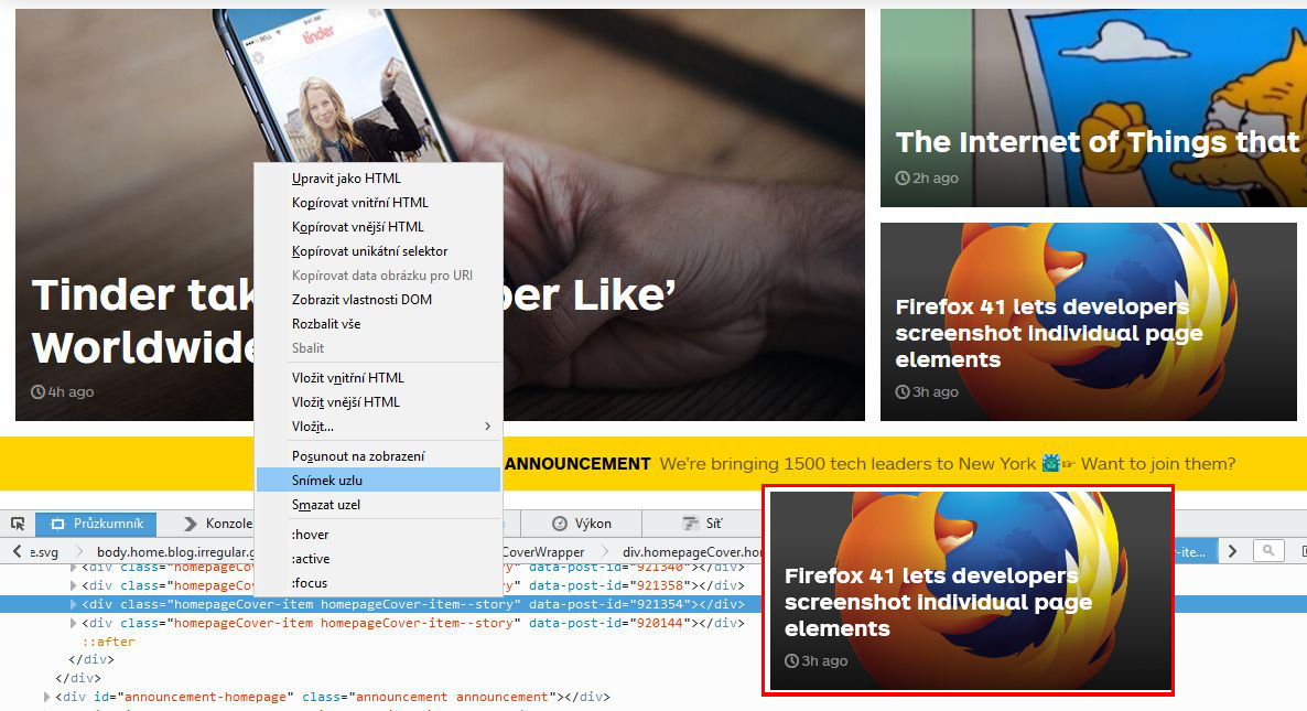 Firefox 41 - Průzkumník DOM a stylů - sejmutí konkrétního prvku stránky (snímek vpravo dole) Firefox 41 - Průzkumník DOM a stylů - sejmutí konkrétního prvku stránky (snímek vpravo dole)