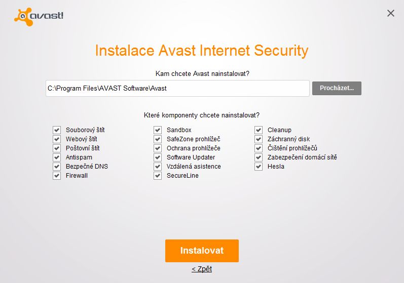 Avast Internet Security: volby přizpůsobení instalace