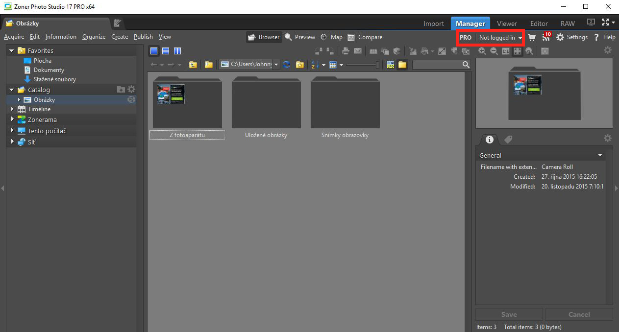 Aktivace Zoner Photo Studio 17 PRO je potvrzena označení vpravo nahoře Aktivace Zoner Photo Studio 17 PRO je potvrzena označení vpravo nahoře