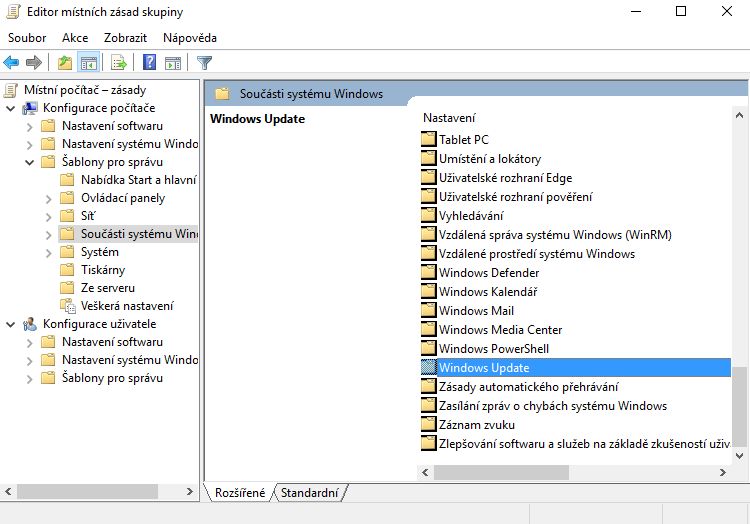 Konfigurace počítače - Šablony pro správu - Součásti systému Windows - Windows Update Konfigurace počítače - Šablony pro správu - Součásti systému Windows - Windows Update