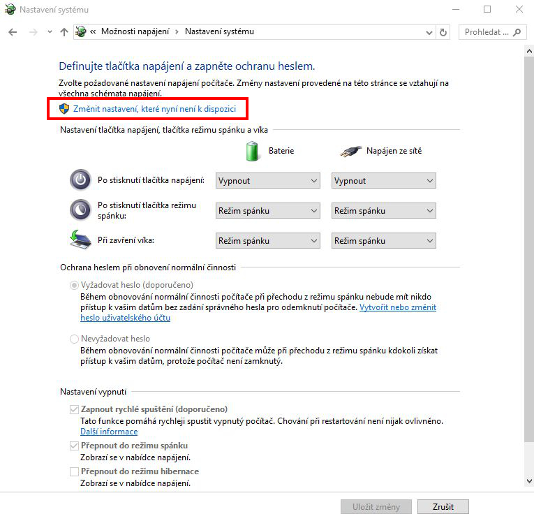 Ovládací panely - Možnosti napájení - Změnit nastavení, které nyní není k dispozici Ovládací panely - Možnosti napájení - Změnit nastavení, které nyní není k dispozici