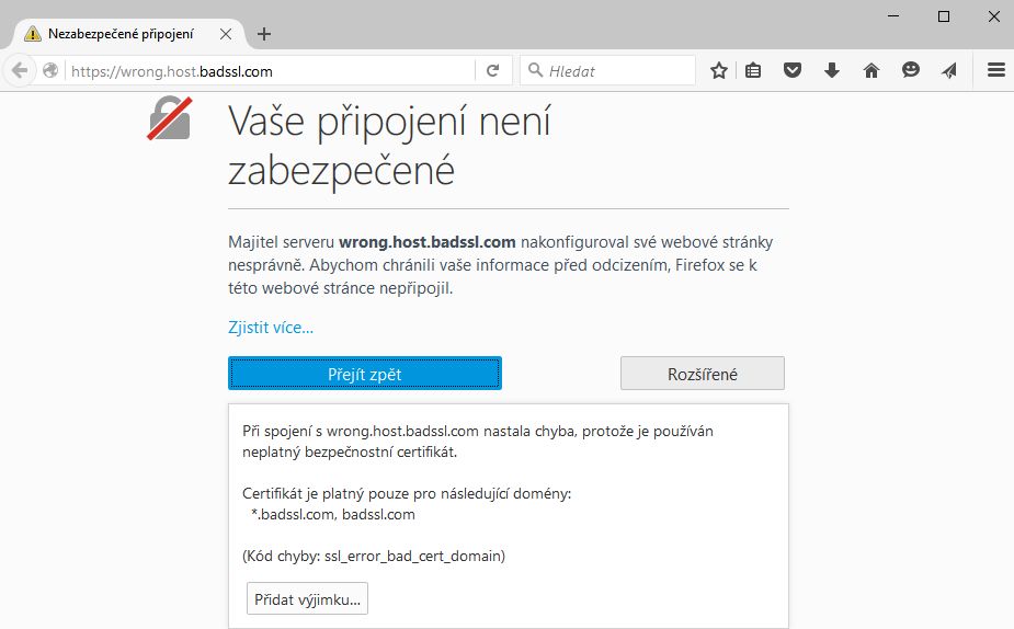 Varování před nedůvěryhodným připojením + volby reakce na situaci Varování před nedůvěryhodným připojením + volby reakce na situaci