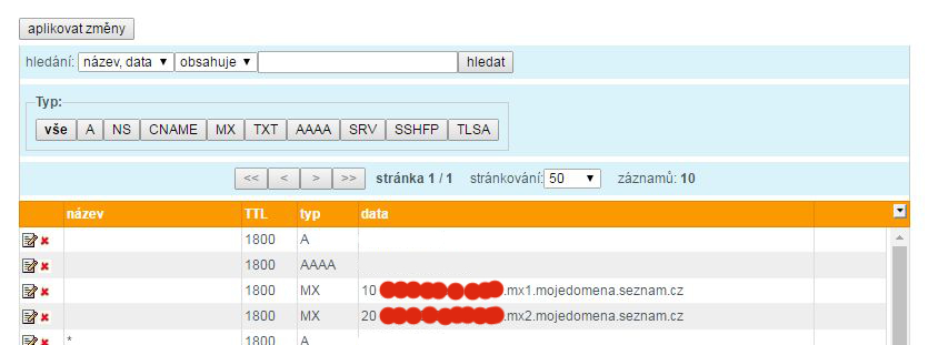 Vložíme MX záznamy do DNS záznamů u registrátora domény (v tomto případě Wedos) Vložíme MX záznamy do DNS záznamů u registrátora domény (v tomto případě Wedos)