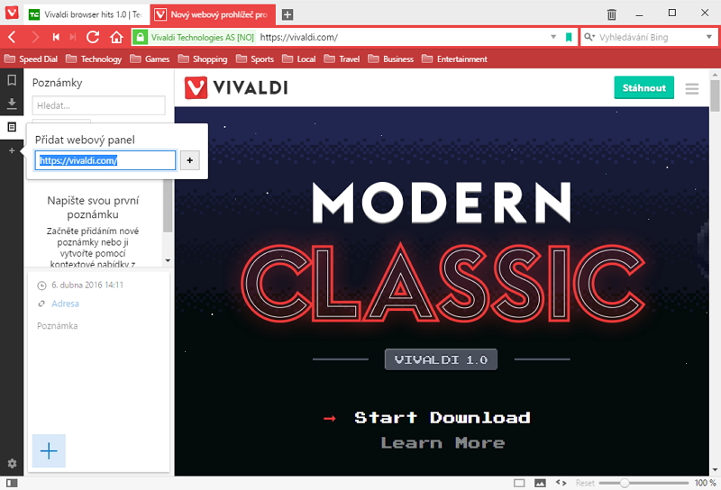 Vivaldi, postranní panel, funkce Webového panelu a Poznámky v pozadí Vivaldi, postranní panel, funkce Webového panelu a Poznámky v pozadí