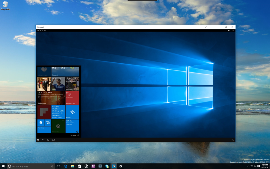 Continuum zprostředkovávající mobilní Windows 10 na ploše desktopového systému Continuum zprostředkovávající mobilní Windows 10 na ploše desktopového systému