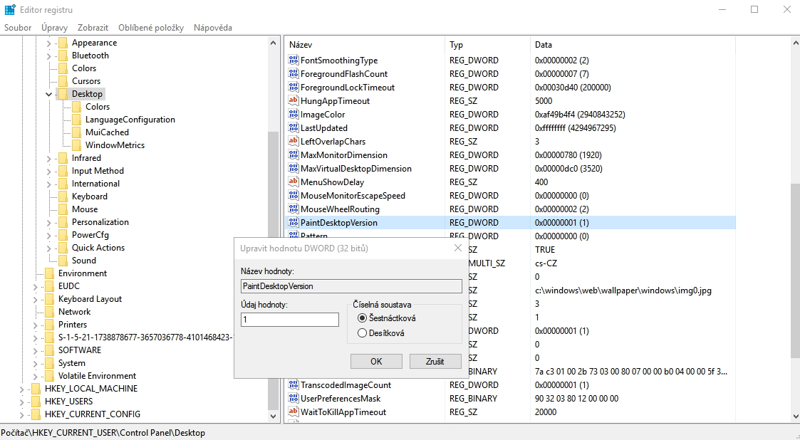Upravíme hodnotu PaintDesktopVersion klíče HKEY_CURRENT_USER\Control Panel\Desktop na 1 Upravíme hodnotu PaintDesktopVersion klíče HKEY_CURRENT_USER\Control Panel\Desktop na 1