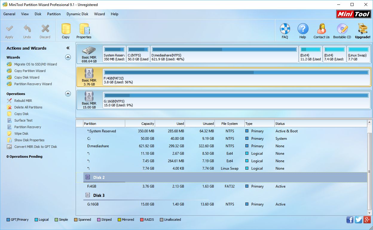 MiniTool Partition Wizard rovnou zobrazuje objekty své práce: disky a diskové oddíly MiniTool Partition Wizard rovnou zobrazuje objekty své práce: disky a diskové oddíly
