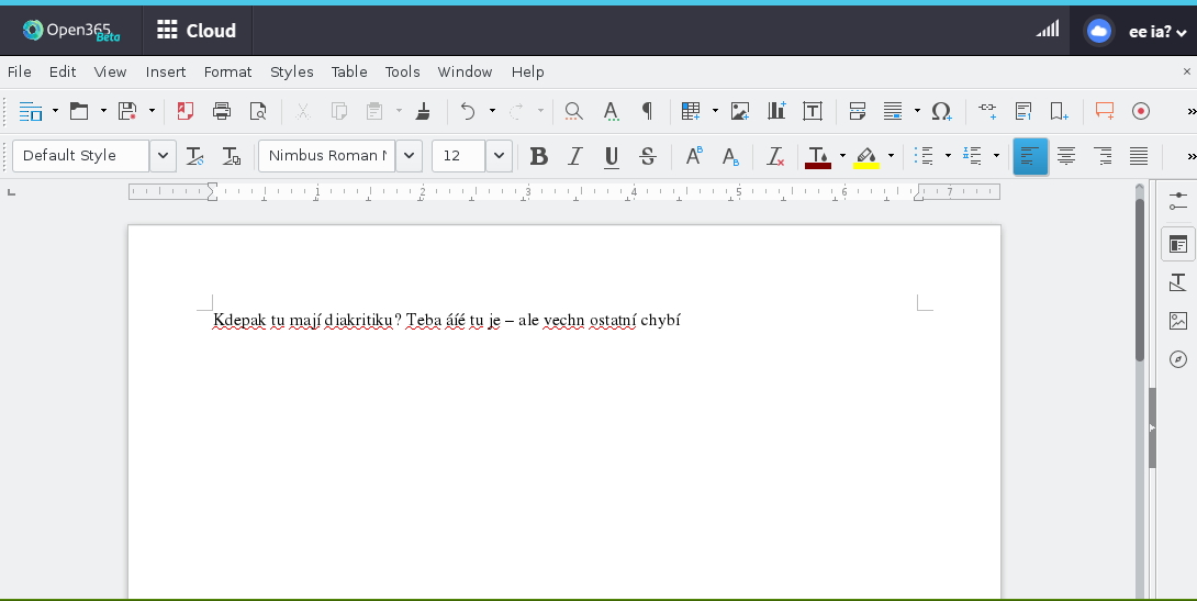 Writer v prostředí Open365 - základní funkce přítomny, chybí lokalizace včetně podpory diakritiky Writer v prostředí Open365 - základní funkce přítomny, chybí lokalizace včetně podpory diakritiky