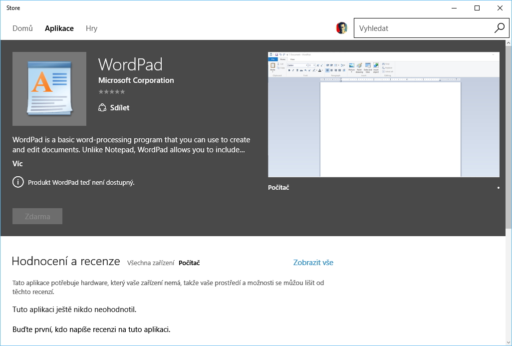 Stařičký WordPad ve Windows Store Stařičký WordPad ve Windows Store