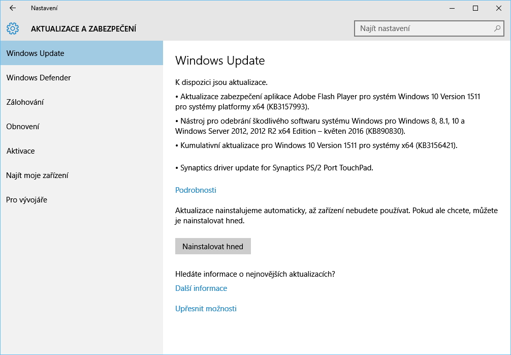 Kumulativní update KB3156421 už čeká... Kumulativní update KB3156421 už čeká...