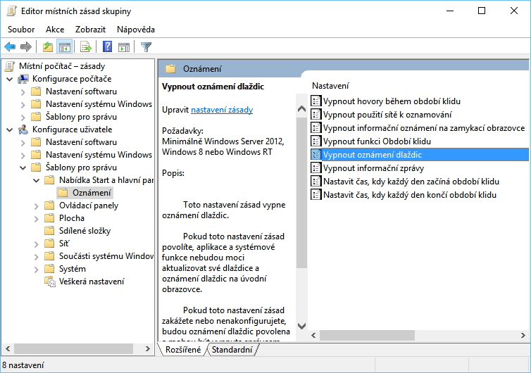 Vypnutí živých dlaždic pomocí Editoru místních zásad skupiny Vypnutí živých dlaždic pomocí Editoru místních zásad skupiny