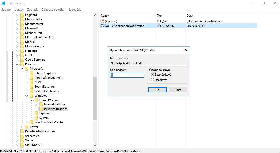 Vypnutí živých dlaždic pomocí Editoru registru Vypnutí živých dlaždic pomocí Editoru registru