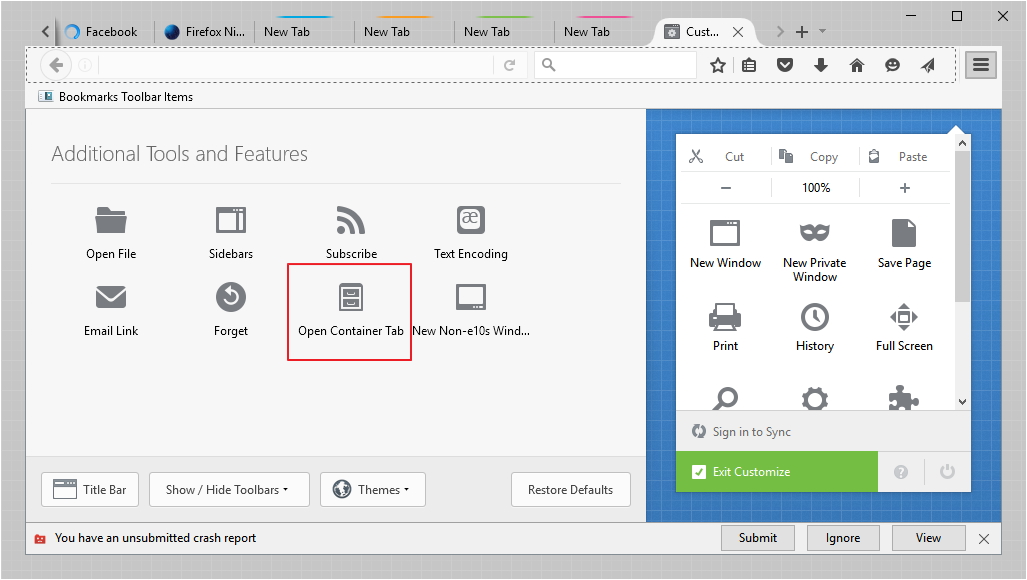 Ikonu Open Container Tab si musíme nejprve vynést na nástrojovou lištu Ikonu Open Container Tab si musíme nejprve vynést na nástrojovou lištu