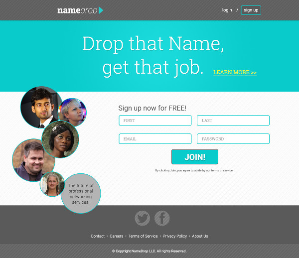 Homepage fiktivní sociální sítě NameDrop Homepage fiktivní sociální sítě NameDrop