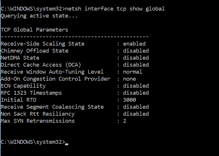 Stav globálního nastavení TCP parametrů Stav globálního nastavení TCP parametrů