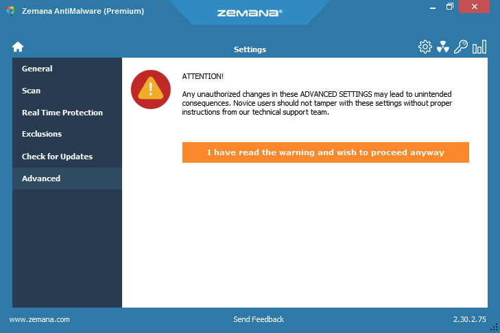 Zemana AntiMalware kapku zbytečně straší před použití pokročilých nastavení Zemana AntiMalware kapku zbytečně straší před použití pokročilých nastavení