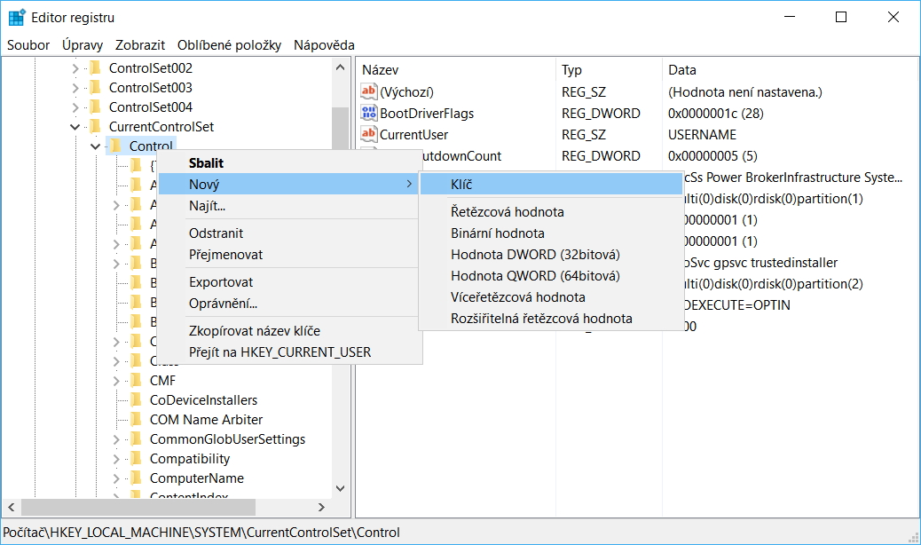 Kliknutím na ní přes pravé myšítko vytvoříme v položce Control nový klíč (viz obr.) a nazveme ho StorageDevicePolicies Kliknutím na ní přes pravé myšítko vytvoříme v položce Control nový klíč (viz obr.) a nazveme ho StorageDevicePolicies