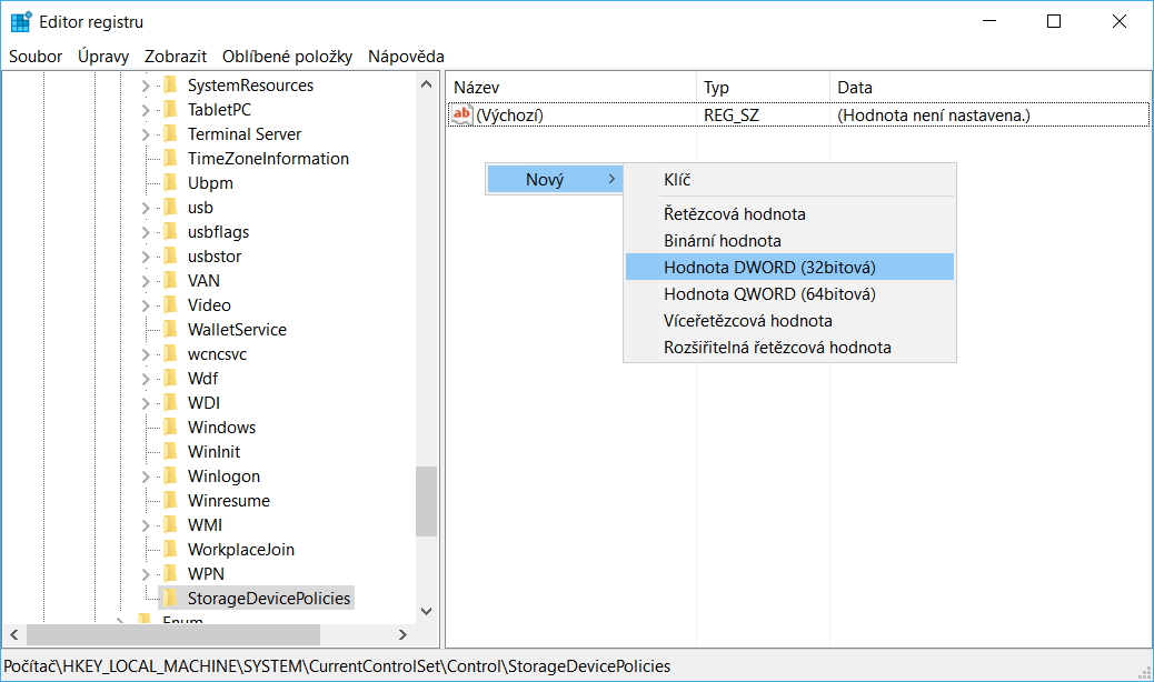 V položce StorageDevicePolicies vytvoříme novou Hodnotu DWORD (32bitová) s názvem WriteProtect V položce StorageDevicePolicies vytvoříme novou Hodnotu DWORD (32bitová) s názvem WriteProtect