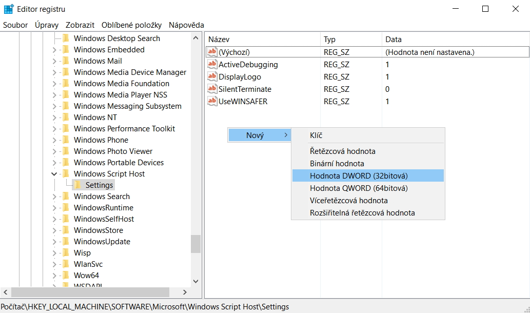 Vytvořte novou položku Enabled a nastavte Údaj hodnoty na 0 Vytvořte novou položku Enabled a nastavte Údaj hodnoty na 0